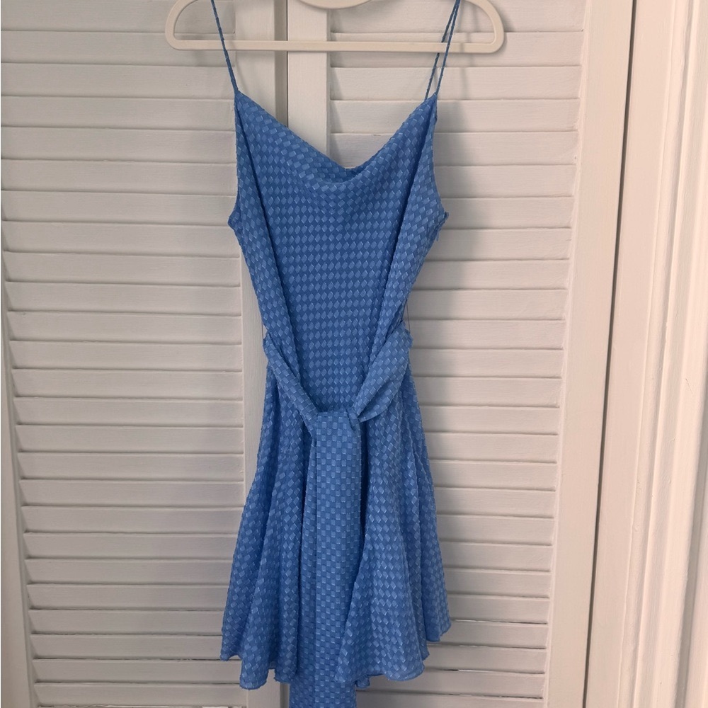 Alice + Olivia Harmony Drapey Mini Dress with Cowl Neck & Belt Tie in Baby Blue